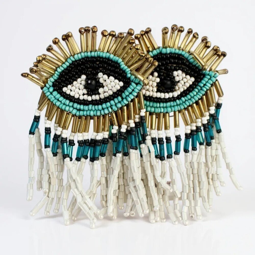 Evil Eye Beaded Earrings with Beaded Fringe Green and Gold